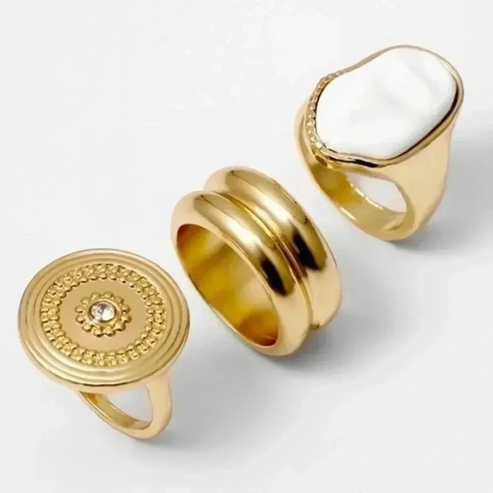 Gold Plated Ring Set of 3 Fashion Statement Bohemian Finger Rings